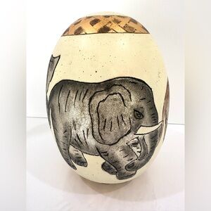 Vintage African Themed Elephants Textured Hand Painted Ostrich Egg Gold Pattern